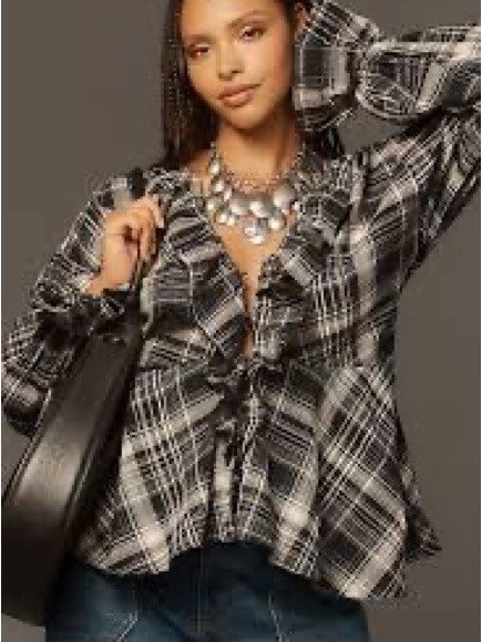Pilcro Anthropologie Plaid Ruffle V-Neck Boho Blouse Black White Size S Nwt